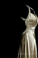 Aesthetic A Line Halter Neckline Champagne Satin Evening Prom Dresses Ruffle Long Party Dresses