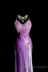 Aesthetic A Line Halter Neckline Lilac Satin Evening Prom Dresses Ruffle Long Party Dresses