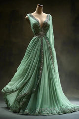 Aesthetic A-Line V Neckline Green Tulle  Long Evening Prom Dresses Sweet Beaded Evening Dresses
