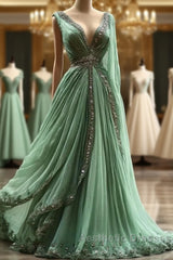Aesthetic A-Line V Neckline Green Tulle  Long Evening Prom Dresses Sweet Beaded Evening Dresses