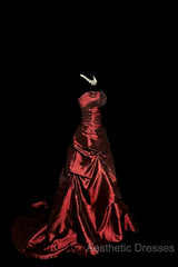 Aesthetic Ball Gown Strapless Burgundy Taffeta Evening Prom Dresses Ruffle Long Party Dresses