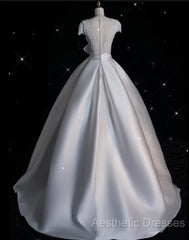 Aesthetic Ball Gown V Neckline Satin White Long Wedding Dresses Brides Dresses