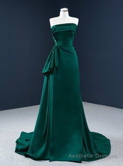 Affordable A-Line Dark Green Satin Strapless Pleats Beading Prom Dress