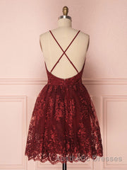 Aline v neck tulle lace short burgundy Evening Prom Dresses, backless burgundy homecoming Dresses