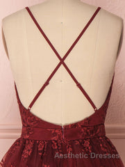 Aline v neck tulle lace short burgundy Evening Prom Dresses, backless burgundy homecoming Dresses