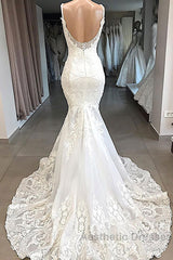 Amazing Long Mermaid Appliques Tulle Backless Wedding Dresses