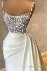 Amazing Long Mermaid Strapless Sequins Pearls Satin Formal Evening Prom Dresses
