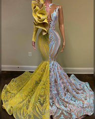 Amazing V-Neck One Shoulder Long Sleeve Long Mermaid Evening Prom Dresses