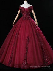 An Extra 40% Off Storewide Burgundy Ball Gown Tulle Appliques Off the Shoulder Quinceanera Dress