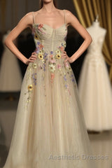 Ankle Length Tulle Straps Evening Prom Dresses with Flowers, A Line Party Gown