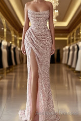 Pink Sheath Sequin Evening Prom Dresses Elegant Dresses Formal Evening Prom Floor Length Sleeveless Strapless Masquerade Dresses
