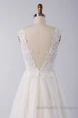 Awesome Long A-line Appliques Lace Tulle Open Back Wedding Dresses