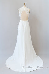 Awesome Long Sheath Lace Chiffon Backless Wedding Dresses