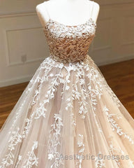 Backless Champagne Lace Wedding Dresses, Backless Champagne Lace Formal Evening Prom Evening Dresses