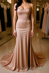 Backless Champagne Long Evening Prom Dresses with High Slit, Long Champagne Formal Graduation Evening Dresses