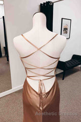 Backless Champagne Long Evening Prom Dresses with High Slit, Long Champagne Formal Graduation Evening Dresses