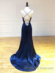 Backless Dark Navy Blue Long Evening Prom Dresses, Dark Navy Blue Formal Graduation Evening Dresses