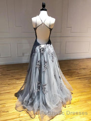 Backless Gray Lace Evening Prom Dresses, Backless Gray Lace Formal Evening Graduation Dresses