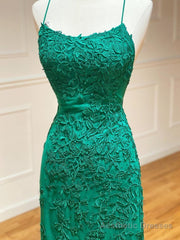 Backless Green Lace Mermaid Prom Dresses, Open Back Mermaid Lace Formal Evening Dresses