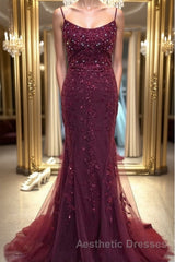 Backless Mermaid Beaded Maroon Lace Long Evening Prom Dresses, Backless Burgundy Lace Formal Dresses, Burgundy Tulle Evening Dresses