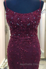 Backless Mermaid Beaded Maroon Lace Long Evening Prom Dresses, Backless Burgundy Lace Formal Dresses, Burgundy Tulle Evening Dresses