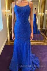 Backless Mermaid Blue Lace Tulle Long Evening Prom Dresses, Mermaid Blue Formal Dresses, Blue Lace Evening Dresses