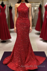 Backless Mermaid Burgundy Sequins Long Evening Prom Dresses, Mermaid Burgundy Formal Dresses, Burgundy Evening Dresses