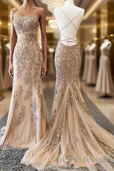 Backless Mermaid Champagne Lace Evening Prom Dresses, Champagne Backless Mermaid Lace Formal Evening Dresses
