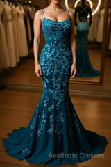 Backless Mermaid Dark Teal Lace Long Evening Prom Dresses, Mermaid Teal Lace Long Formal Evening Dresses