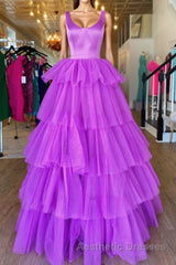 Backless Purple High Low Evening Prom Dresses, Open Back Purple High Low Formal Evening Dresses
