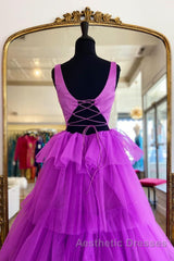 Backless Purple High Low Evening Prom Dresses, Open Back Purple High Low Formal Evening Dresses