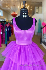 Backless Purple High Low Evening Prom Dresses, Open Back Purple High Low Formal Evening Dresses