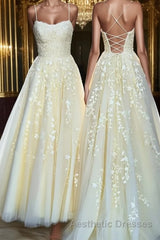 Backless Yellow Tulle Long Lace Evening Prom Dresses, Open Back Yellow Lace Formal Evening Dresses