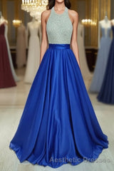 Ball Gown Jewel Floor-Length Satin Evening Prom Dresses With Rhinestone