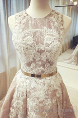 Gorgeous Round Neck Sleeveless Lace Evening Prom Dresses Sweep Train with Appliques