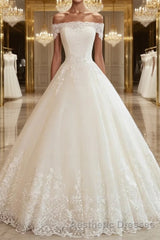 Ball Gown Off-the-Shoulder Floor-Length Tulle Wedding Dresses With Appliques Lace