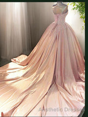 Ball Gown Sweetheart Court Train Satin Evening Prom Dresses With Appliques Lace