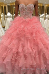 Ball Gown Sweetheart Floor-Length Organza Evening Prom Dresses With Beading