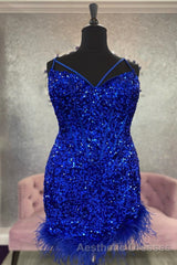Feathers Red Sequin Straps Bodycon Short Homecoming Dresses