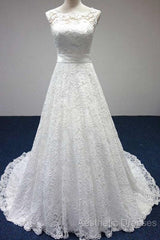 Bateau A-Line Lace Sash Bowknot Sleeveless Wedding Dresses