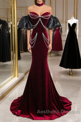 Beauiful Wine Red Off Shoulder Mermaid Long Evening Prom Dresses, Wine Red Party Dresses