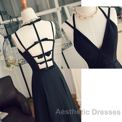Beautiful Black Chiffon Straps Long A-Line Junior Evening Prom Dresses, Black Party Gowns