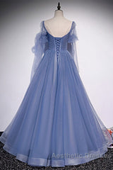 Beautiful Blue Sheer Beaded Long Party Dresses, A-Shaped Long Sleeved Backless And Floor Length Evening Dresses