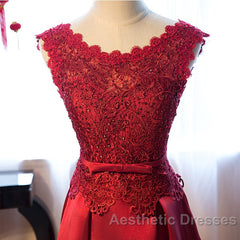 Beautiful Dark Red Lace Long Junior Evening Prom Dresses, Lace Top Party Dresses
