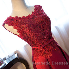Beautiful Dark Red Lace Long Junior Evening Prom Dresses, Lace Top Party Dresses
