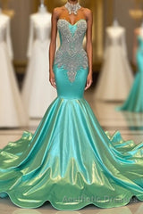 Beautiful High-neck Sweetheart Sleeveless Mermaid Evening Prom Dresses With Beading