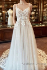 Beautiful Long A-line Backless Tulle Wedding Dresses with Appliques Lace