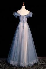 Beautiful Off Shoulder Puffy Sleeves Beaded Party Dresses Evening Prom Dresses, Blue Evening Gown