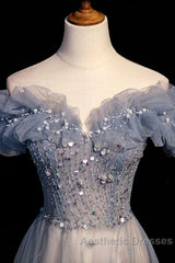 Beautiful Off Shoulder Puffy Sleeves Beaded Party Dresses Evening Prom Dresses, Blue Evening Gown