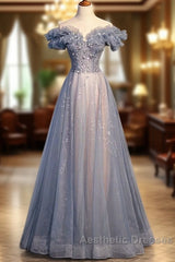 Beautiful Off Shoulder Puffy Sleeves Beaded Party Dresses Evening Prom Dresses, Blue Evening Gown